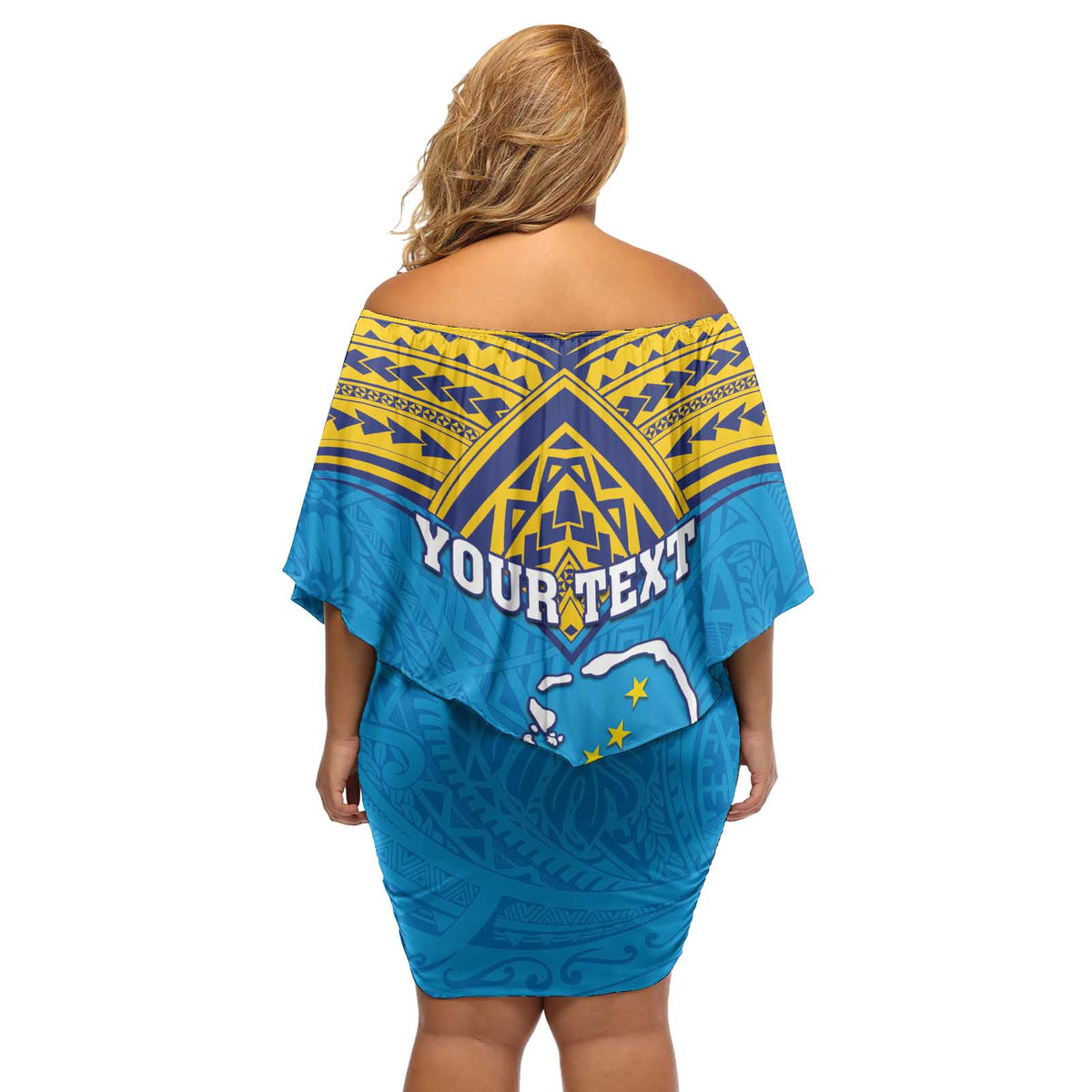 Personalised Tuvalu Independence Day Off Shoulder Short Dress Coat Of Arms With Polynesian Dolphin Tattoo LT05 - Polynesian Pride
