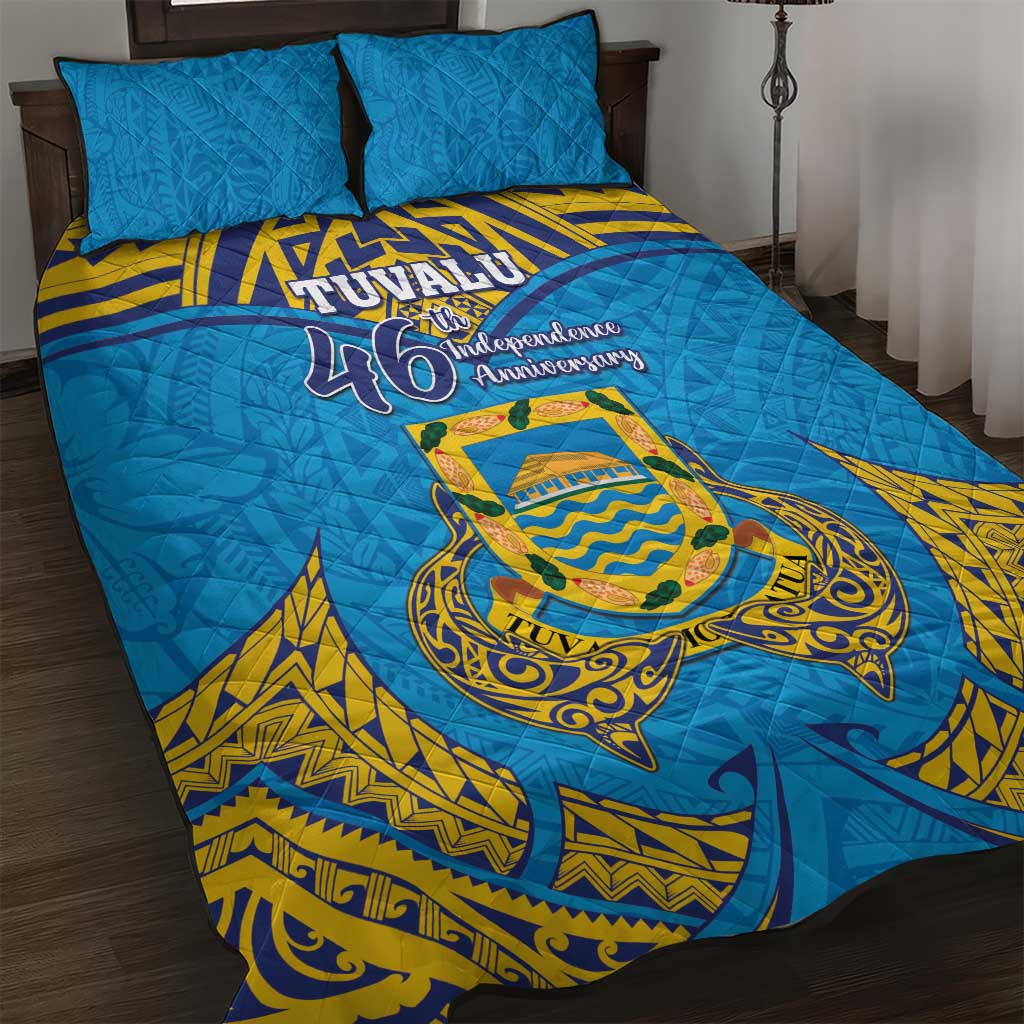 Tuvalu Independence Day Quilt Bed Set Coat Of Arms With Polynesian Dolphin Tattoo LT05 Blue - Polynesian Pride