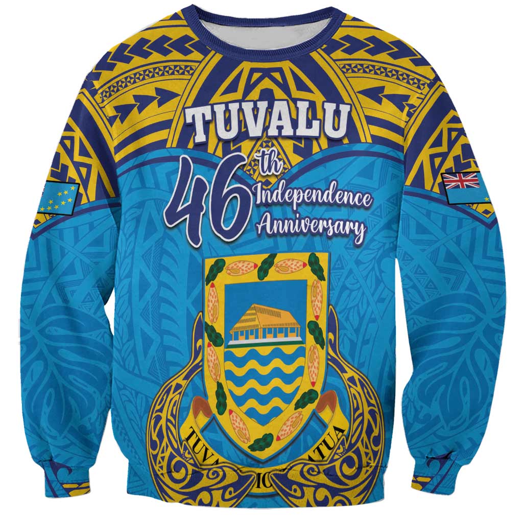 Personalised Tuvalu Independence Day Sweatshirt Coat Of Arms With Polynesian Dolphin Tattoo LT05 Unisex Blue - Polynesian Pride
