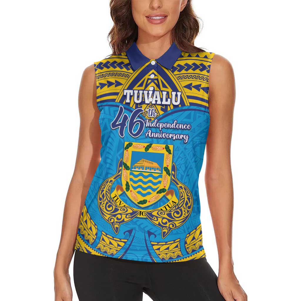 Personalised Tuvalu Independence Day Women Sleeveless Polo Shirt Coat Of Arms With Polynesian Dolphin Tattoo