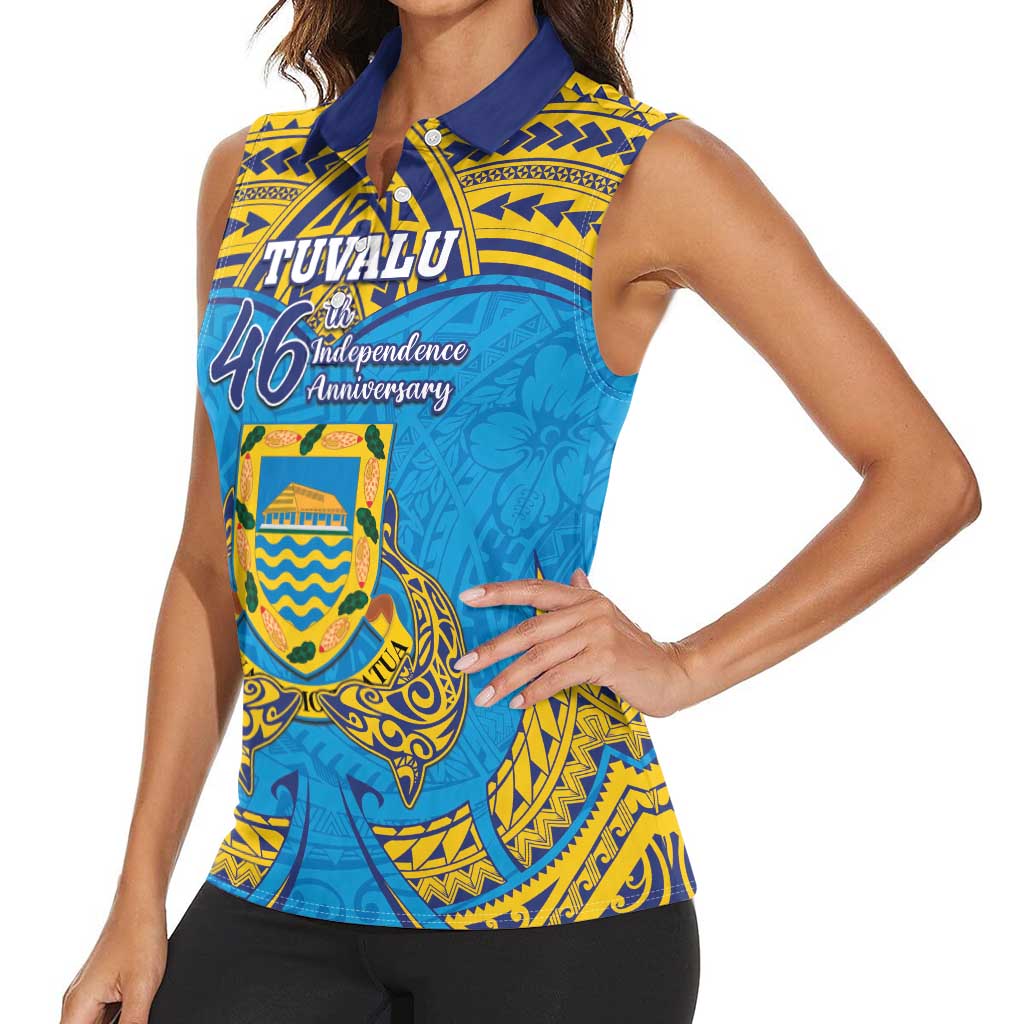 Personalised Tuvalu Independence Day Women Sleeveless Polo Shirt Coat Of Arms With Polynesian Dolphin Tattoo