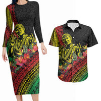 Retro Hawaiian Singer Couples Matching Long Sleeve Bodycon Dress and Hawaiian Shirt Polynesian Style Tropical Flowers LT05 Black - Polynesian Pride