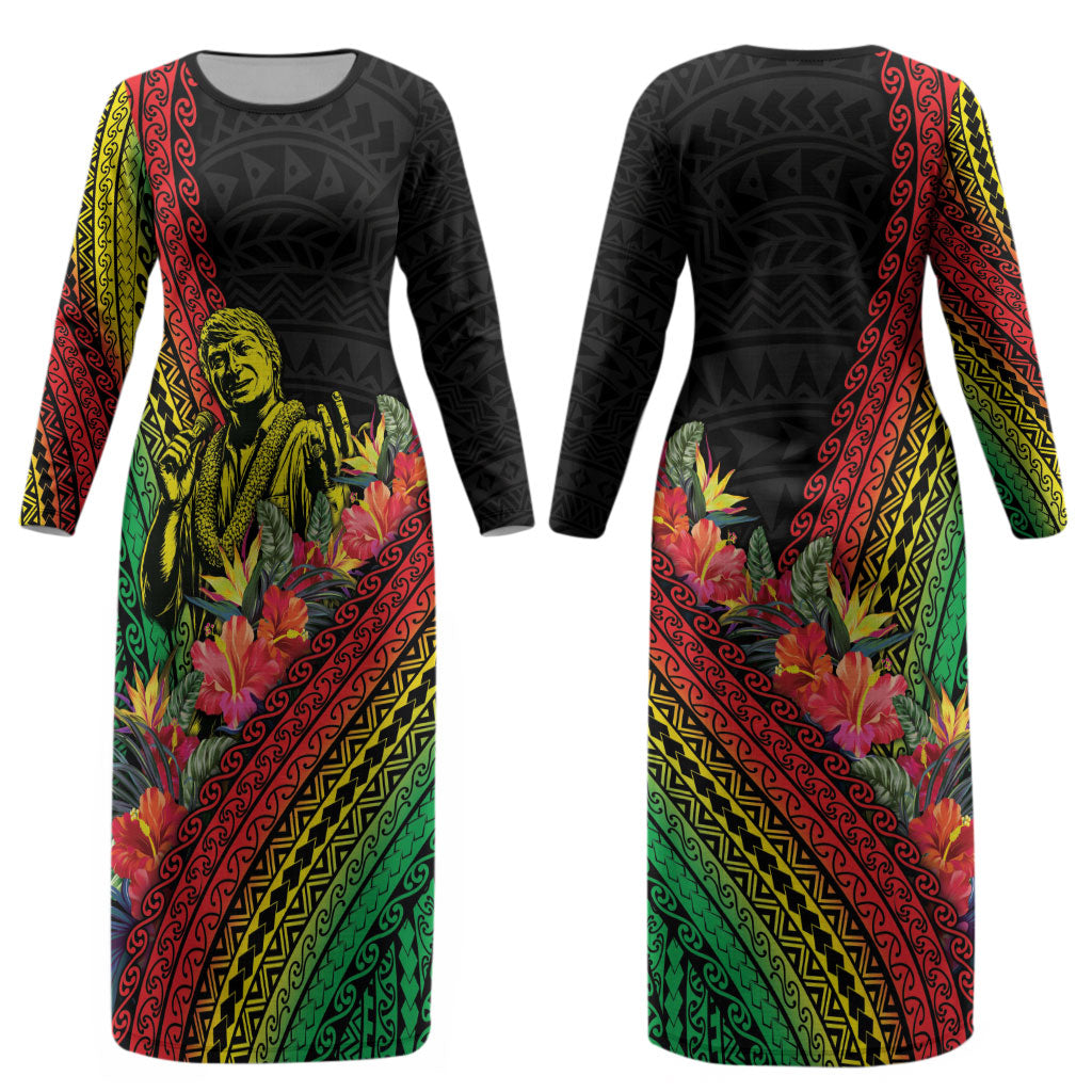 Retro Hawaiian Singer Couples Matching Long Sleeve Bodycon Dress and Hawaiian Shirt Polynesian Style Tropical Flowers LT05 - Polynesian Pride