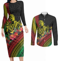 Retro Hawaiian Singer Couples Matching Long Sleeve Bodycon Dress and Long Sleeve Button Shirt Polynesian Style Tropical Flowers LT05 Black - Polynesian Pride