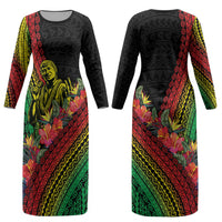 Retro Hawaiian Singer Couples Matching Long Sleeve Bodycon Dress and Long Sleeve Button Shirt Polynesian Style Tropical Flowers LT05 - Polynesian Pride