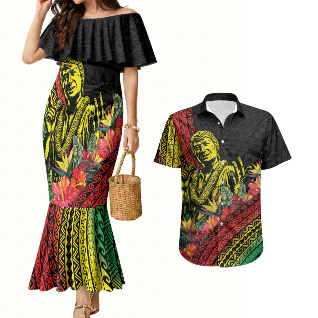 Retro Hawaiian Singer Couples Matching Mermaid Dress and Hawaiian Shirt Polynesian Style Tropical Flowers LT05 Black - Polynesian Pride