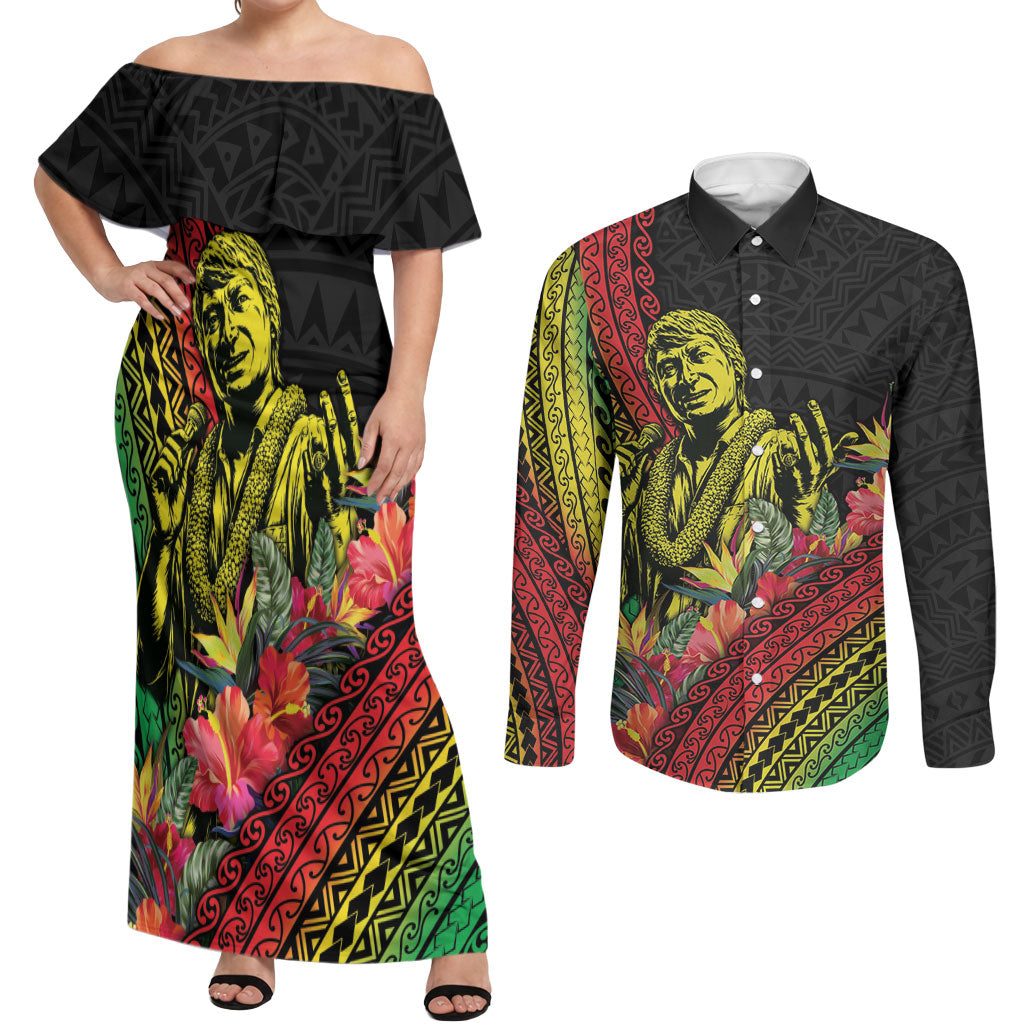 Retro Hawaiian Singer Couples Matching Off Shoulder Maxi Dress and Long Sleeve Button Shirt Polynesian Style Tropical Flowers LT05 Black - Polynesian Pride