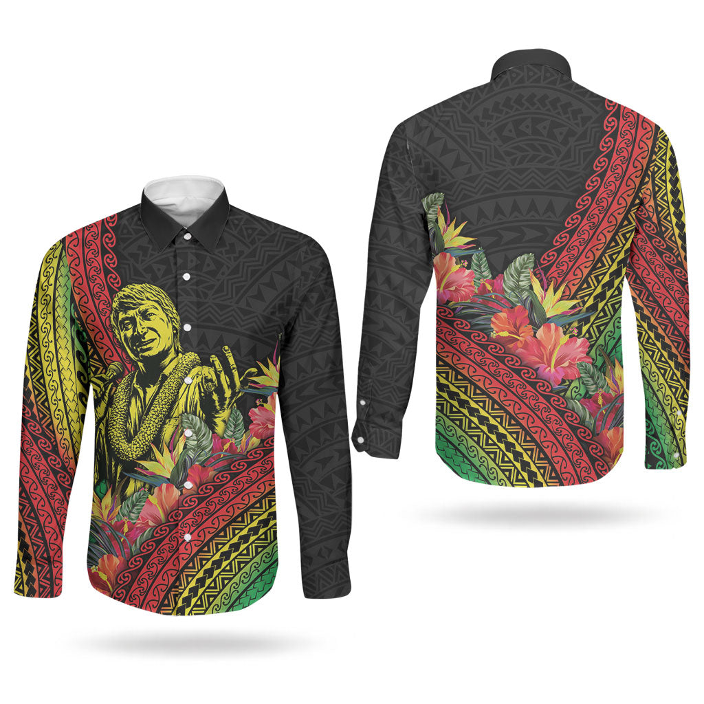 Retro Hawaiian Singer Couples Matching Off Shoulder Maxi Dress and Long Sleeve Button Shirt Polynesian Style Tropical Flowers LT05 - Polynesian Pride