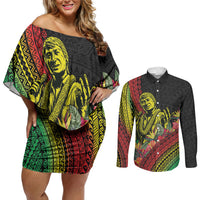 Retro Hawaiian Singer Couples Matching Off Shoulder Short Dress and Long Sleeve Button Shirt Polynesian Style Tropical Flowers LT05 Black - Polynesian Pride