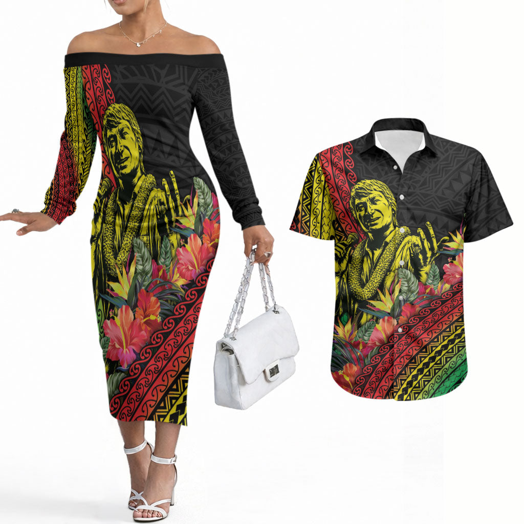 Retro Hawaiian Singer Couples Matching Off The Shoulder Long Sleeve Dress and Hawaiian Shirt Polynesian Style Tropical Flowers LT05 Black - Polynesian Pride
