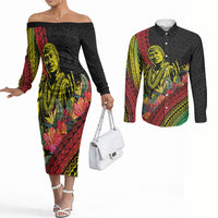 Retro Hawaiian Singer Couples Matching Off The Shoulder Long Sleeve Dress and Long Sleeve Button Shirt Polynesian Style Tropical Flowers LT05 Black - Polynesian Pride