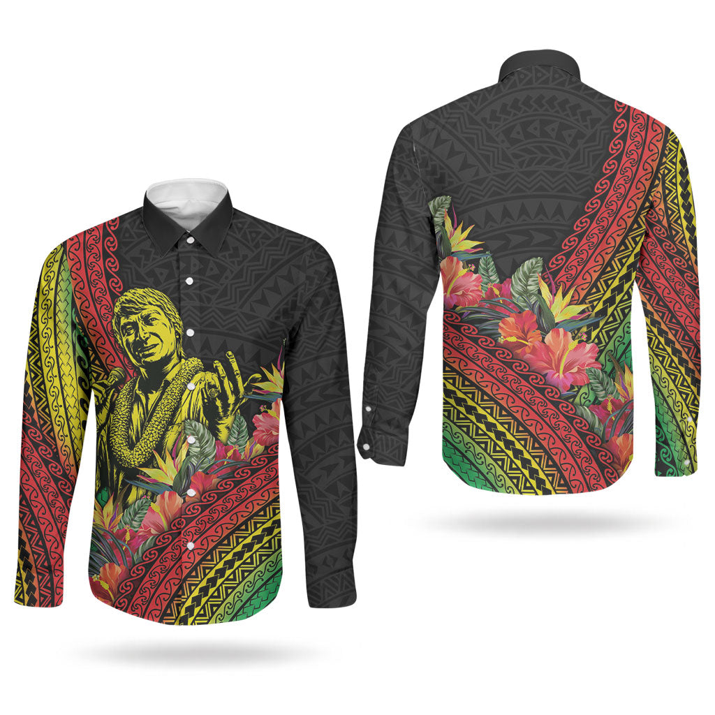 Retro Hawaiian Singer Couples Matching Off The Shoulder Long Sleeve Dress and Long Sleeve Button Shirt Polynesian Style Tropical Flowers LT05 - Polynesian Pride