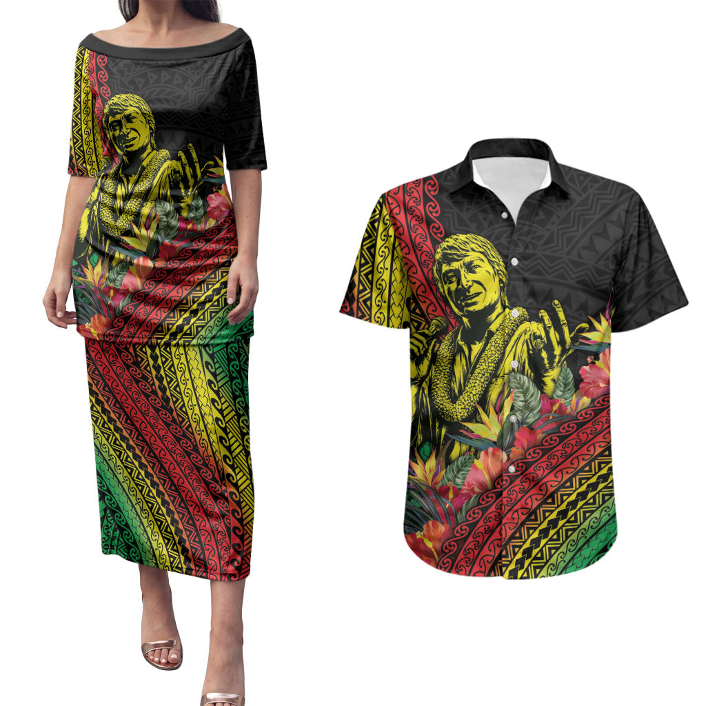 Retro Hawaiian Singer Couples Matching Puletasi and Hawaiian Shirt Polynesian Style Tropical Flowers LT05 Black - Polynesian Pride