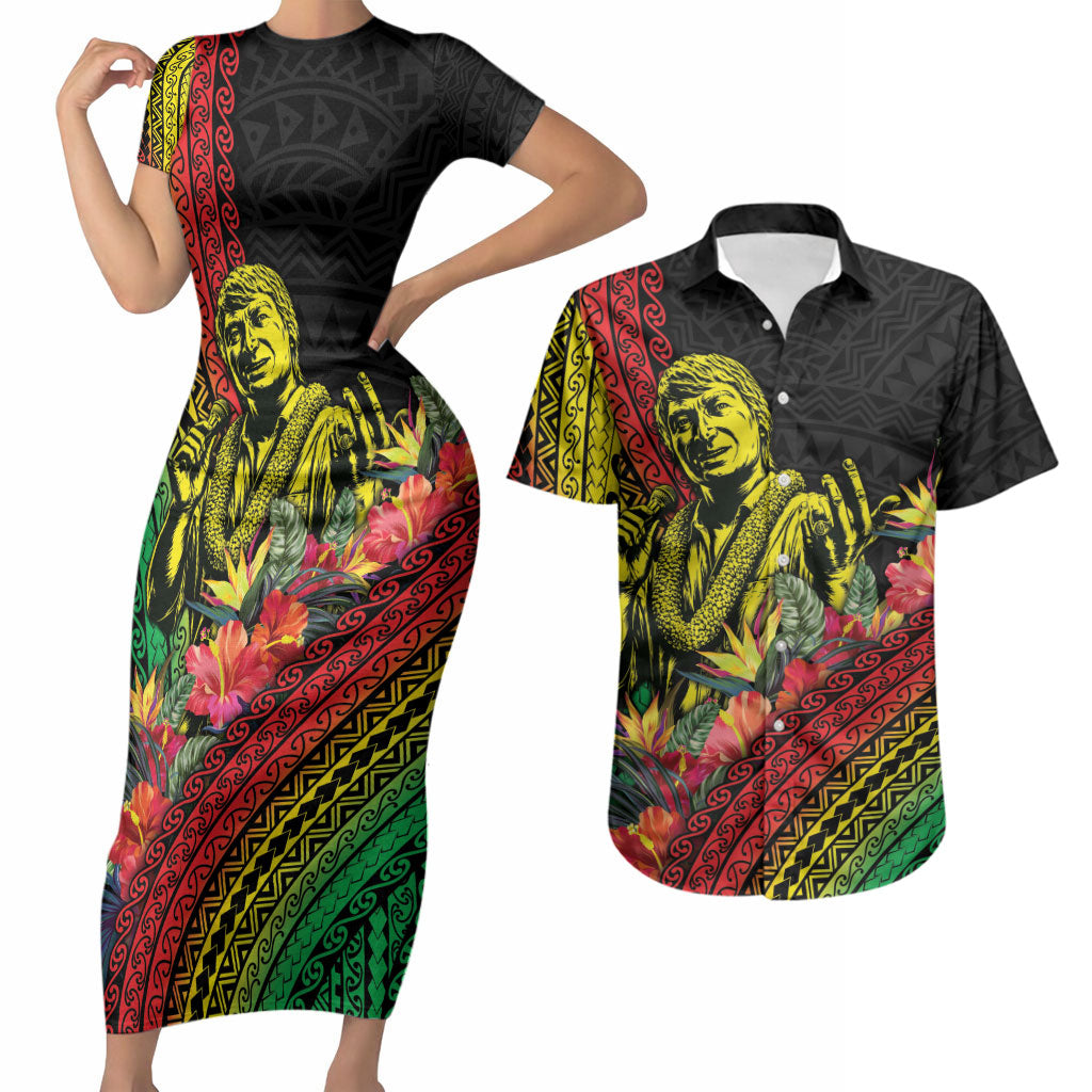 Retro Hawaiian Singer Couples Matching Short Sleeve Bodycon Dress and Hawaiian Shirt Polynesian Style Tropical Flowers LT05 Black - Polynesian Pride