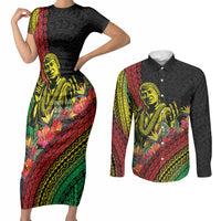 Retro Hawaiian Singer Couples Matching Short Sleeve Bodycon Dress and Long Sleeve Button Shirt Polynesian Style Tropical Flowers LT05 Black - Polynesian Pride