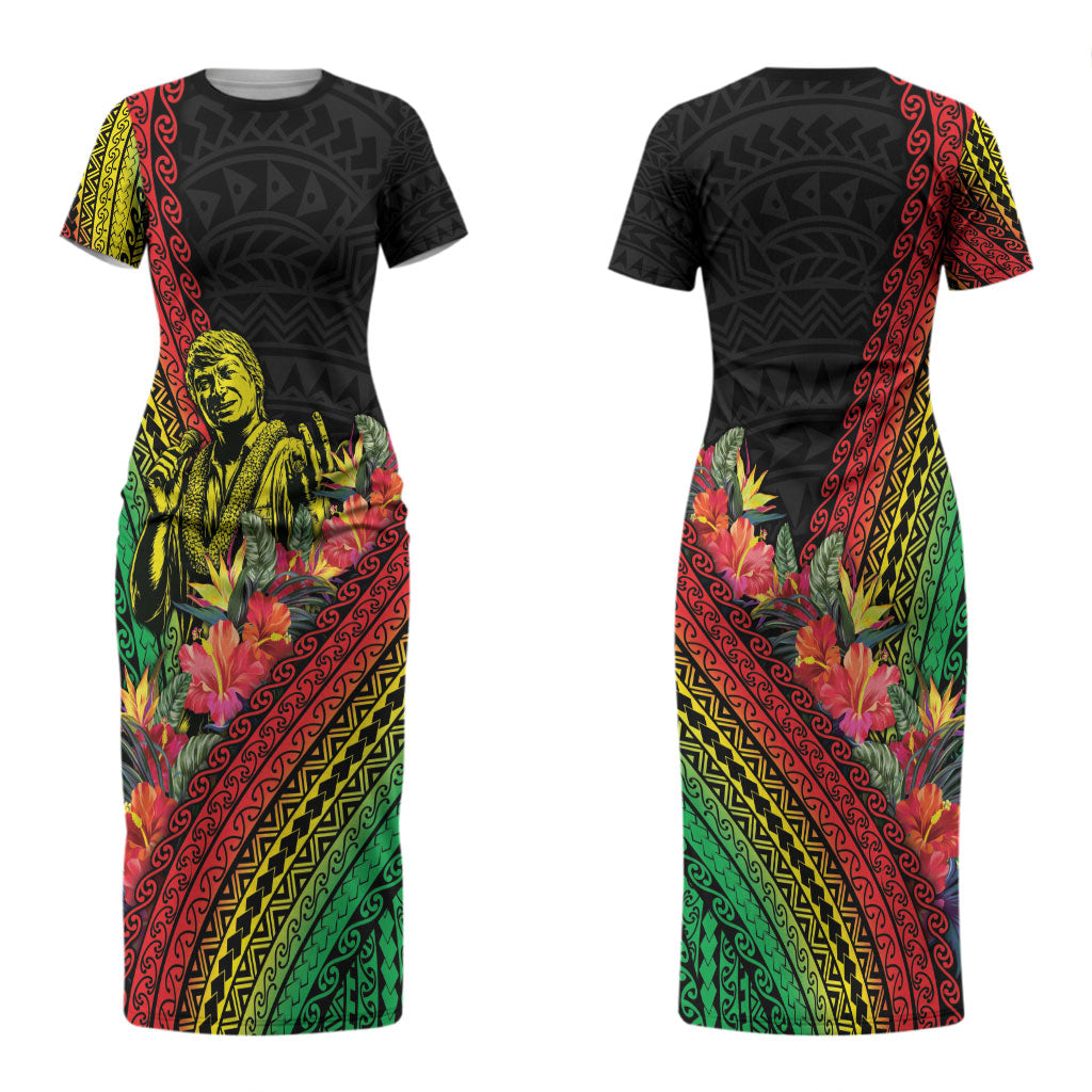 Retro Hawaiian Singer Couples Matching Short Sleeve Bodycon Dress and Long Sleeve Button Shirt Polynesian Style Tropical Flowers LT05 - Polynesian Pride