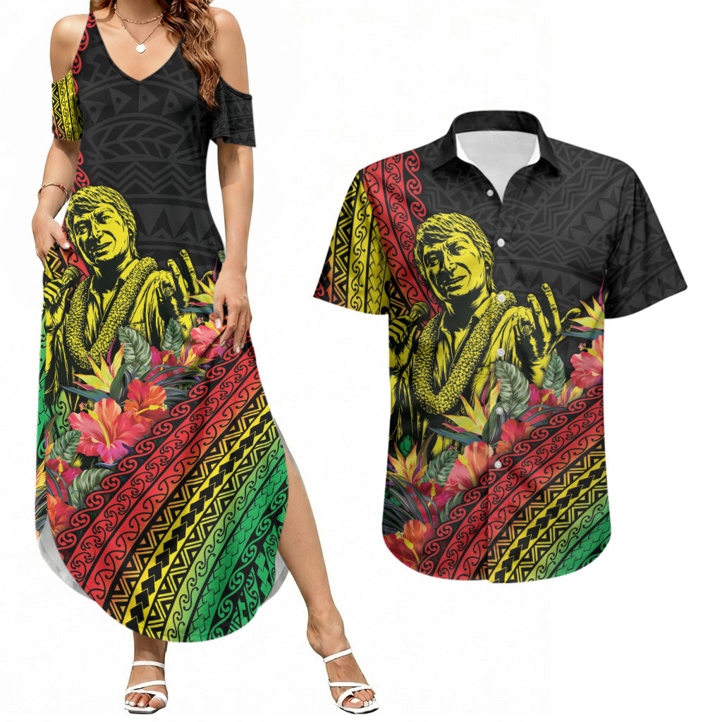 Retro Hawaiian Singer Couples Matching Summer Maxi Dress and Hawaiian Shirt Polynesian Style Tropical Flowers LT05 Black - Polynesian Pride