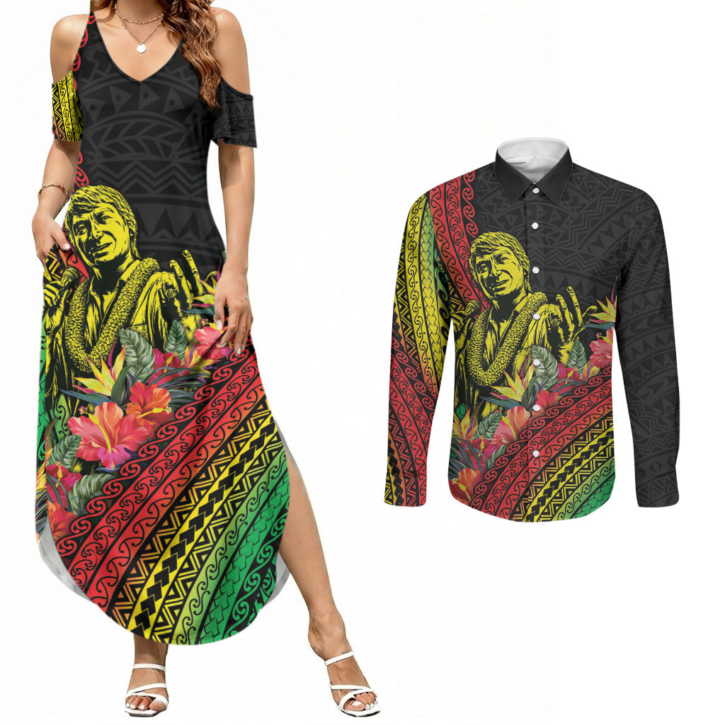 Retro Hawaiian Singer Couples Matching Summer Maxi Dress and Long Sleeve Button Shirt Polynesian Style Tropical Flowers LT05 Black - Polynesian Pride