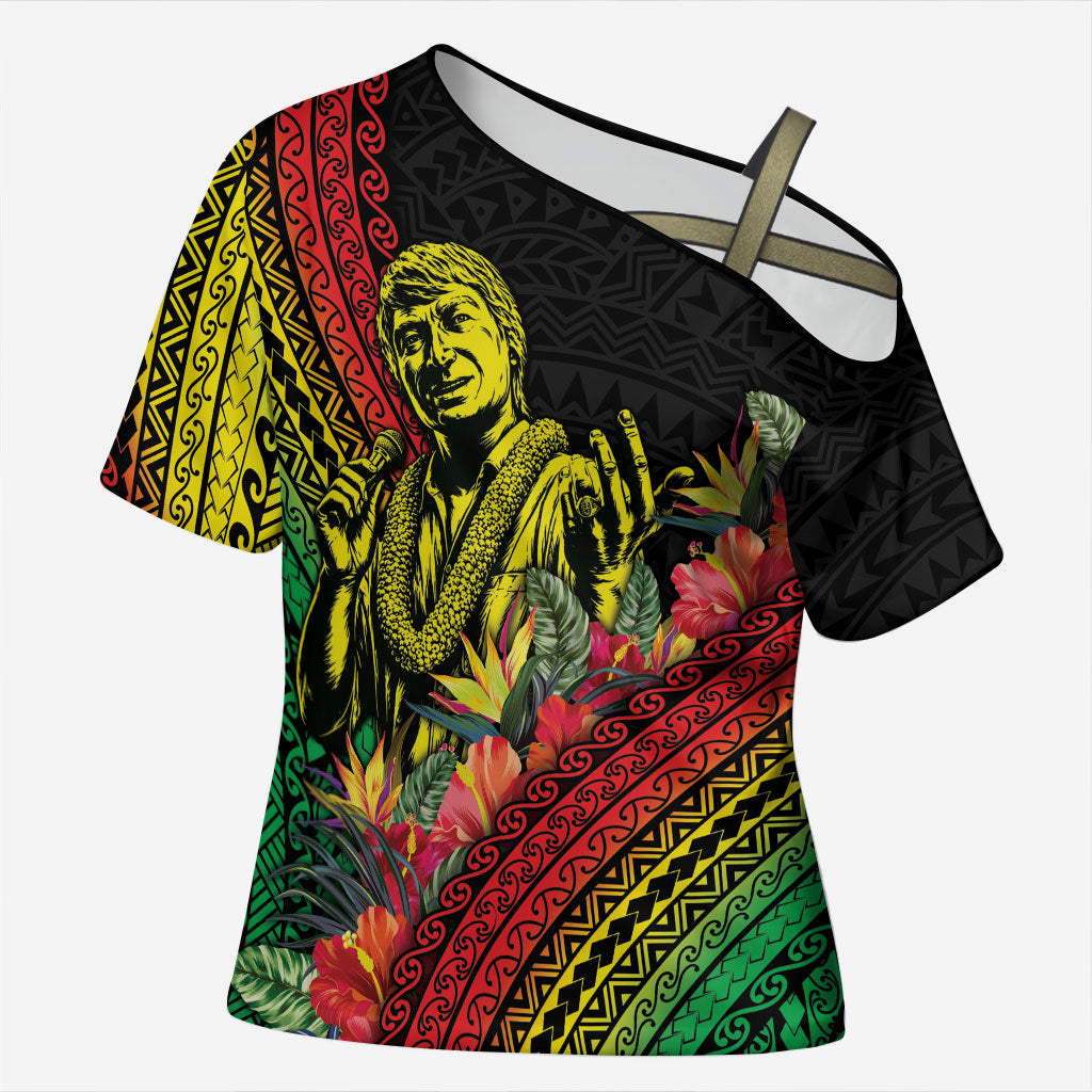 Retro Hawaiian Singer Cross Shoulder Shirt Polynesian Style Tropical Flowers LT05 Female Black - Polynesian Pride