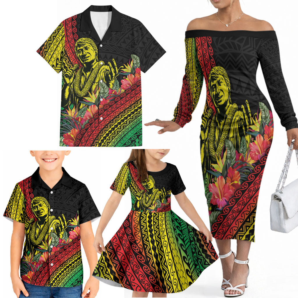 Retro Hawaiian Singer Family Matching Off The Shoulder Long Sleeve Dress and Hawaiian Shirt Polynesian Style Tropical Flowers LT05 - Polynesian Pride
