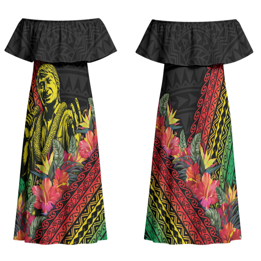 Retro Hawaiian Singer Family Matching Off Shoulder Maxi Dress and Hawaiian Shirt Polynesian Style Tropical Flowers LT05 Mom's Dress Black - Polynesian Pride