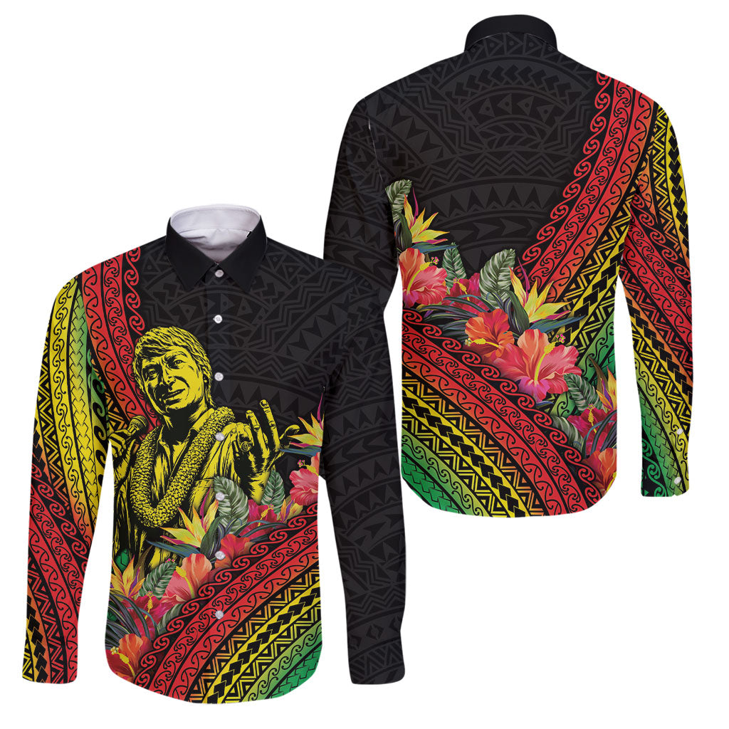 Retro Hawaiian Singer Family Matching Off Shoulder Maxi Dress and Hawaiian Shirt Polynesian Style Tropical Flowers LT05 Dad's Shirt - Long Sleeve Black - Polynesian Pride