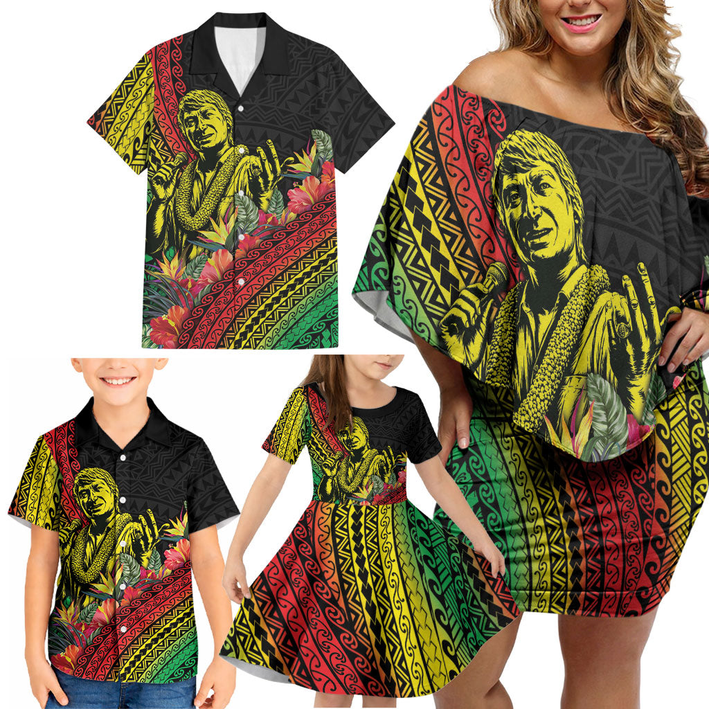Retro Hawaiian Singer Family Matching Off Shoulder Short Dress and Hawaiian Shirt Polynesian Style Tropical Flowers LT05 - Polynesian Pride