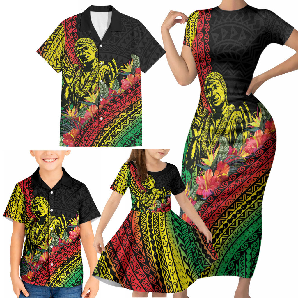 Retro Hawaiian Singer Family Matching Short Sleeve Bodycon Dress and Hawaiian Shirt Polynesian Style Tropical Flowers LT05 - Polynesian Pride