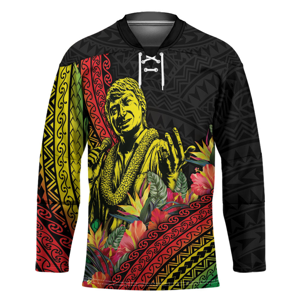 Retro Hawaiian Singer Hockey Jersey Polynesian Style Tropical Flowers LT05 Unisex Black - Polynesian Pride
