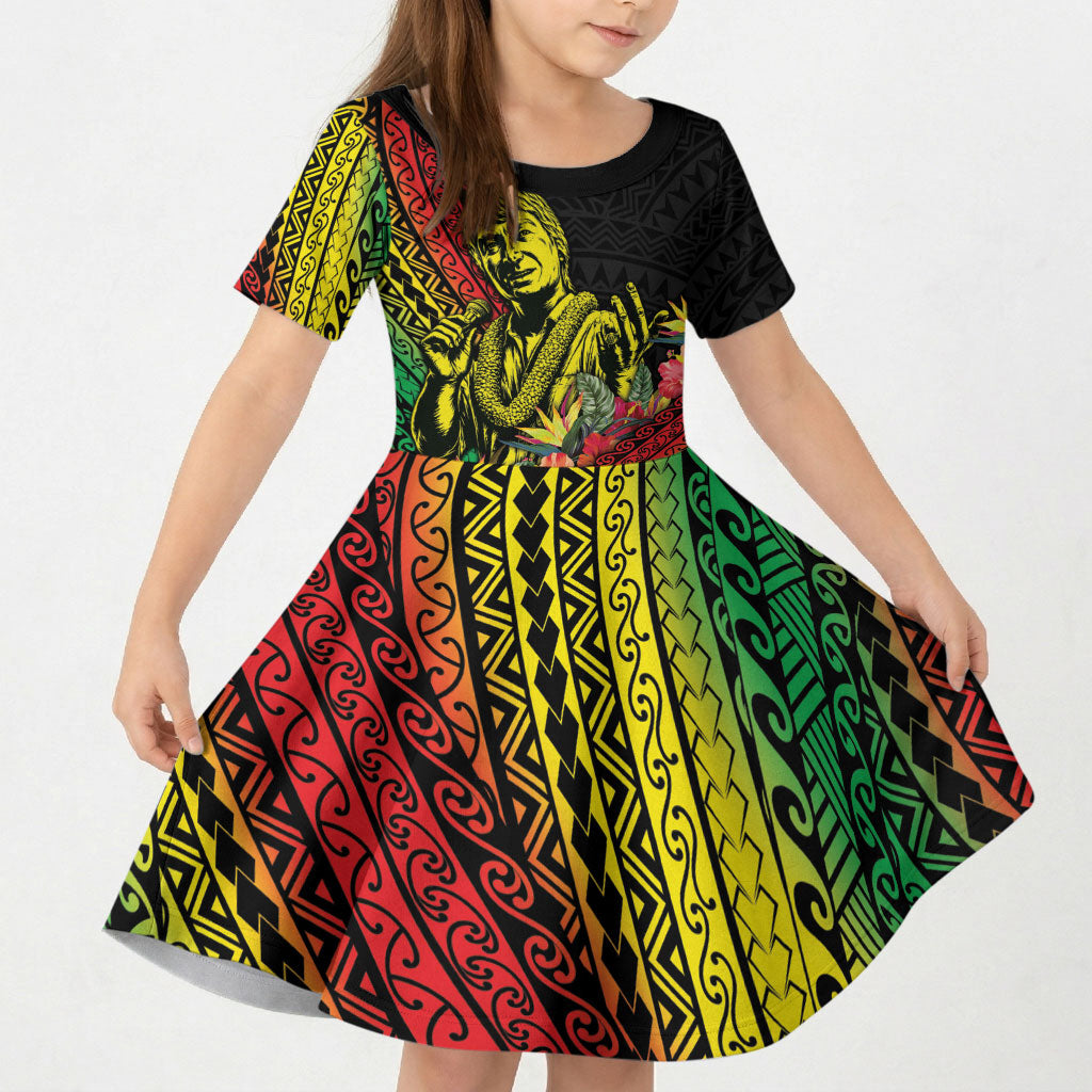 Retro Hawaiian Singer Kid Short Sleeve Dress Polynesian Style Tropical Flowers LT05 KID Black - Polynesian Pride