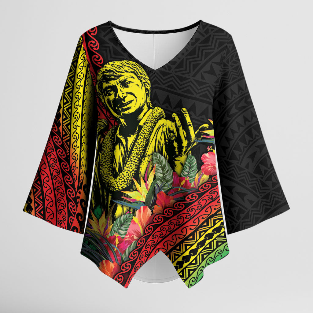 Retro Hawaiian Singer Kimono Sleeve Blouse Polynesian Style Tropical Flowers LT05 Female Black - Polynesian Pride