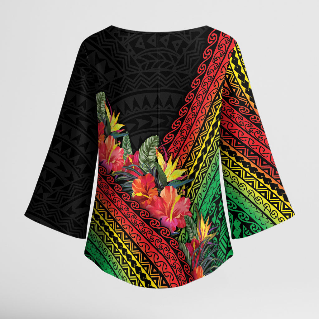 Retro Hawaiian Singer Kimono Sleeve Blouse Polynesian Style Tropical Flowers LT05 - Polynesian Pride