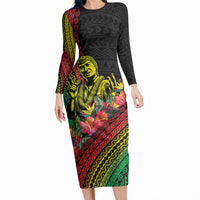 Retro Hawaiian Singer Long Sleeve Bodycon Dress Polynesian Style Tropical Flowers LT05 Long Dress Black - Polynesian Pride