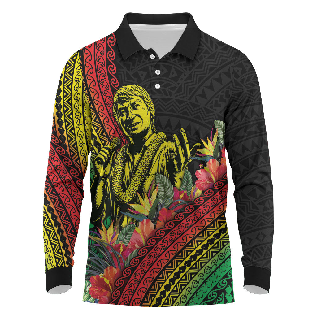 Retro Hawaiian Singer Long Sleeve Polo Shirt Polynesian Style Tropical Flowers LT05 Black - Polynesian Pride