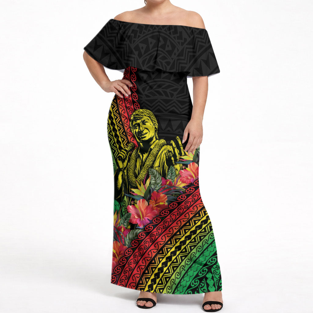 Retro Hawaiian Singer Off Shoulder Maxi Dress Polynesian Style Tropical Flowers LT05 Women Black - Polynesian Pride