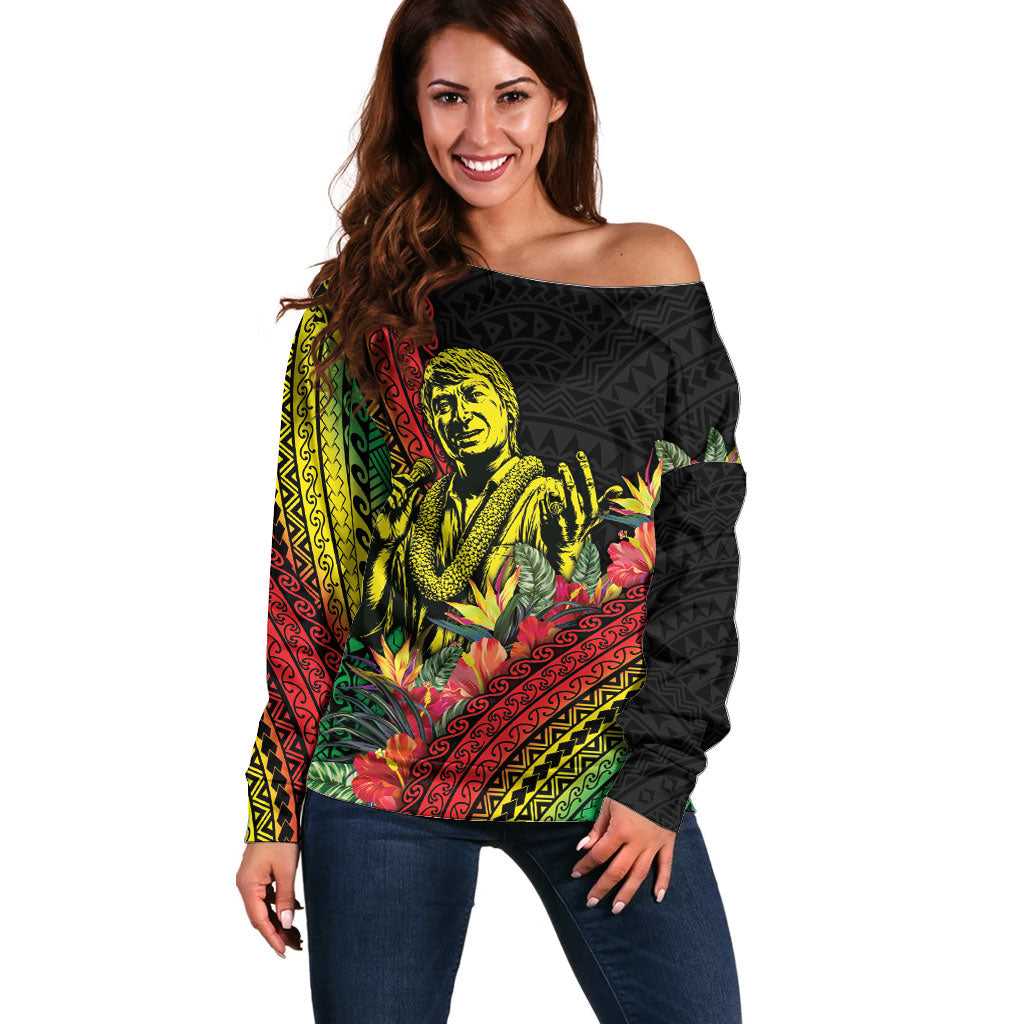 Retro Hawaiian Singer Off Shoulder Sweater Polynesian Style Tropical Flowers LT05 Women Black - Polynesian Pride