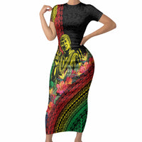 Retro Hawaiian Singer Short Sleeve Bodycon Dress Polynesian Style Tropical Flowers LT05 Long Dress Black - Polynesian Pride