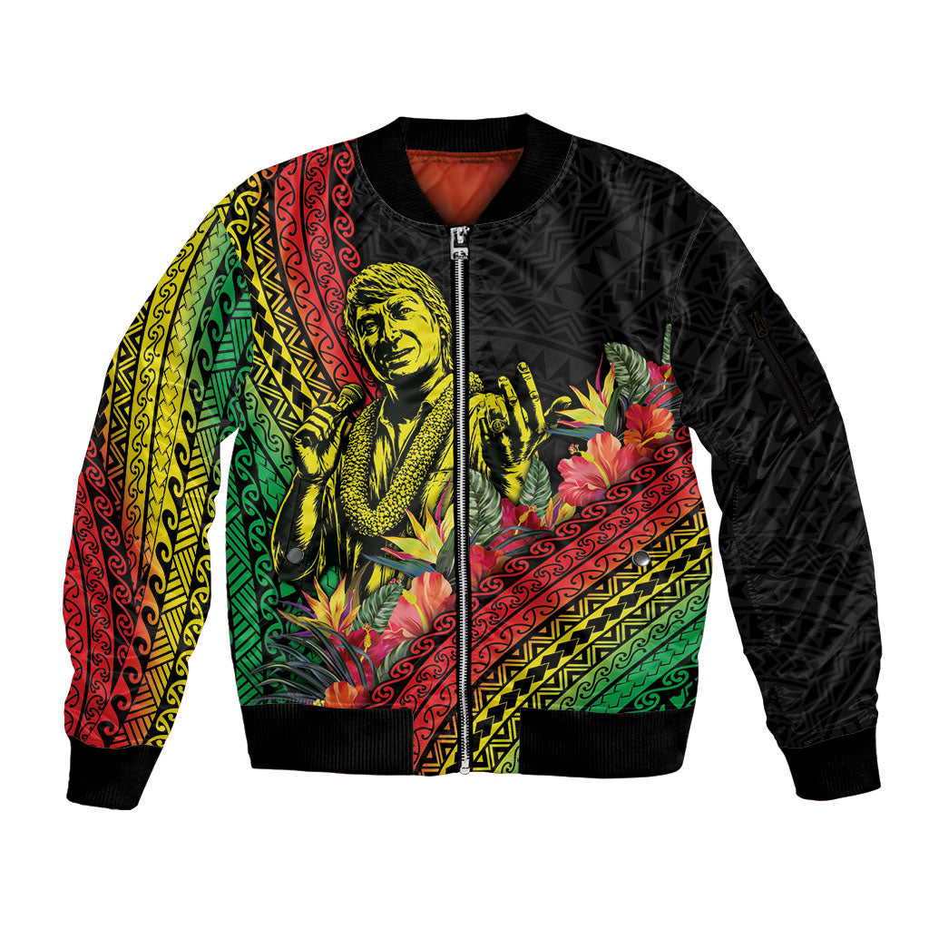 Retro Hawaiian Singer Sleeve Zip Bomber Jacket Polynesian Style Tropical Flowers LT05 Unisex Black - Polynesian Pride