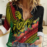Retro Hawaiian Singer Women Casual Shirt Polynesian Style Tropical Flowers LT05 Female Black - Polynesian Pride