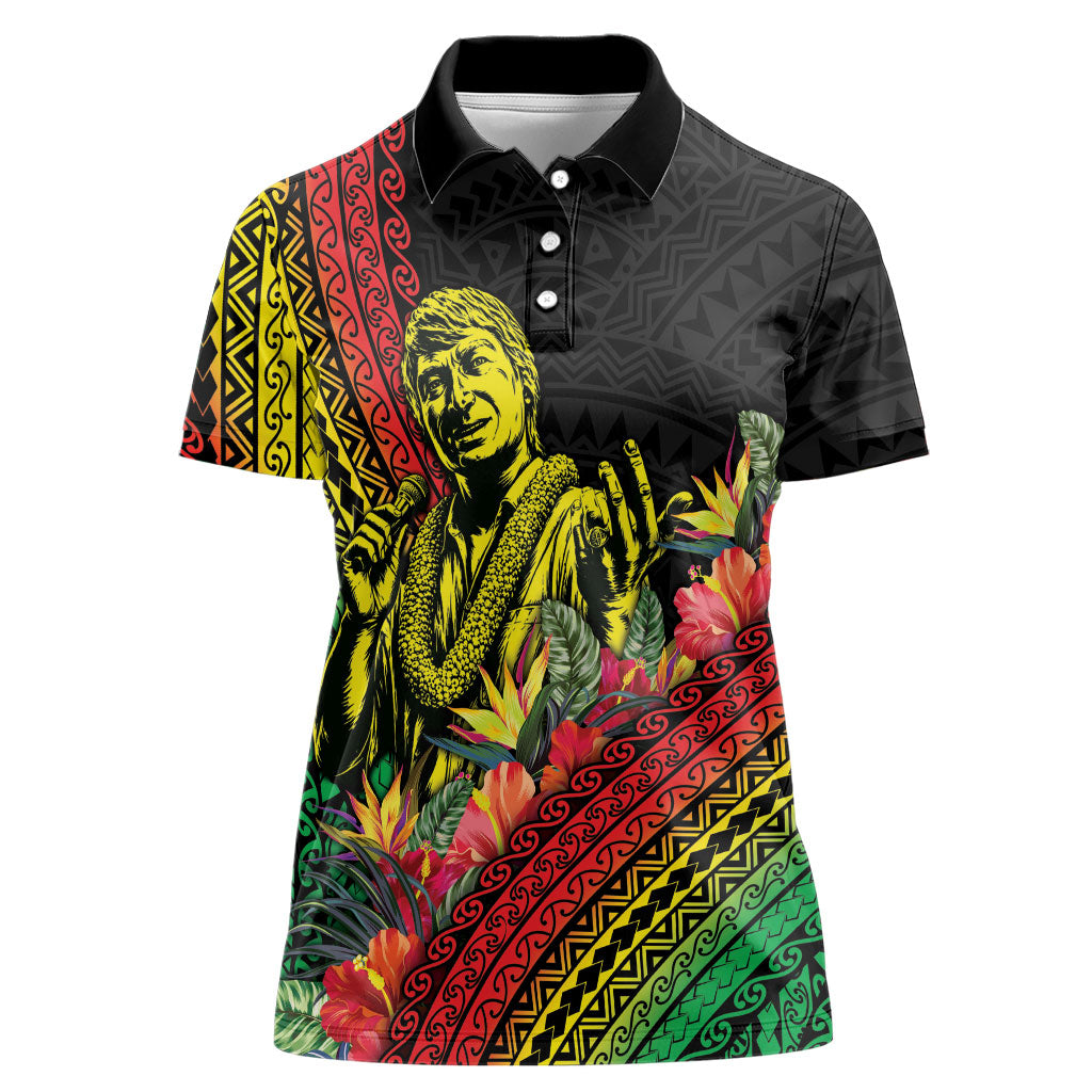 Retro Hawaiian Singer Women Polo Shirt Polynesian Style Tropical Flowers LT05 Female Black - Polynesian Pride