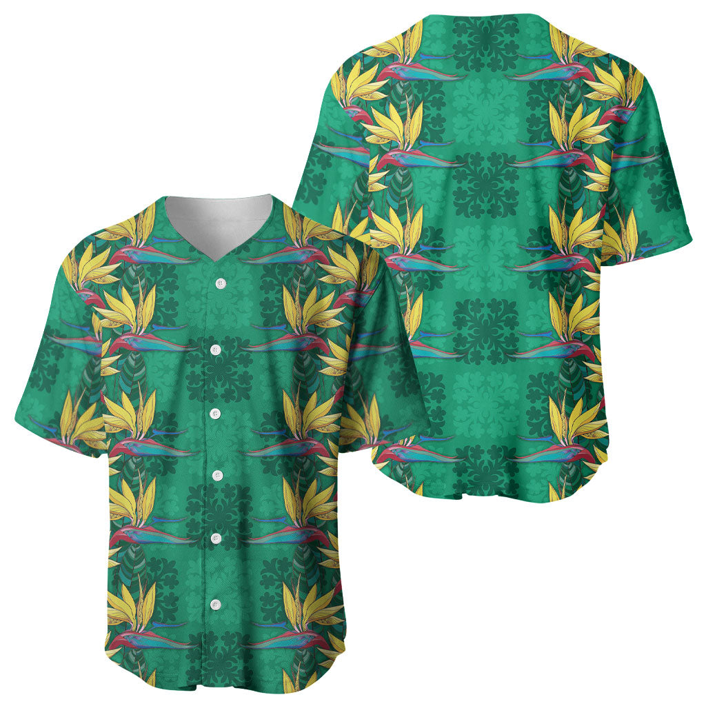Hawaii Waikiki King Baseball Jersey Green Quilt With Pua Manu LT05 - Polynesian Pride