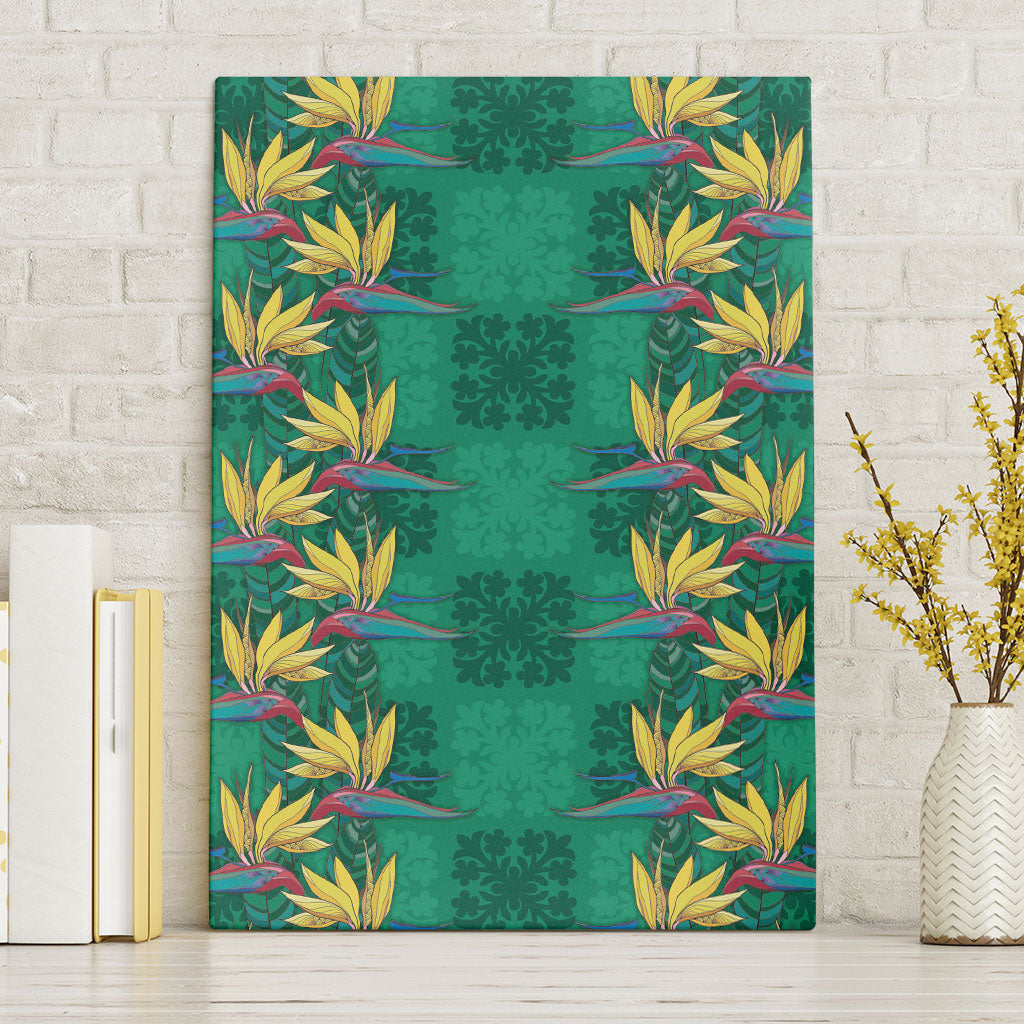 Hawaii Waikiki King Canvas Wall Art Green Quilt With Pua Manu LT05 Without Frame Green - Polynesian Pride