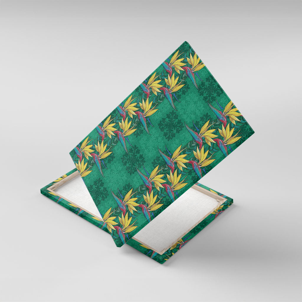 Hawaii Waikiki King Canvas Wall Art Green Quilt With Pua Manu LT05 With Frame Green - Polynesian Pride