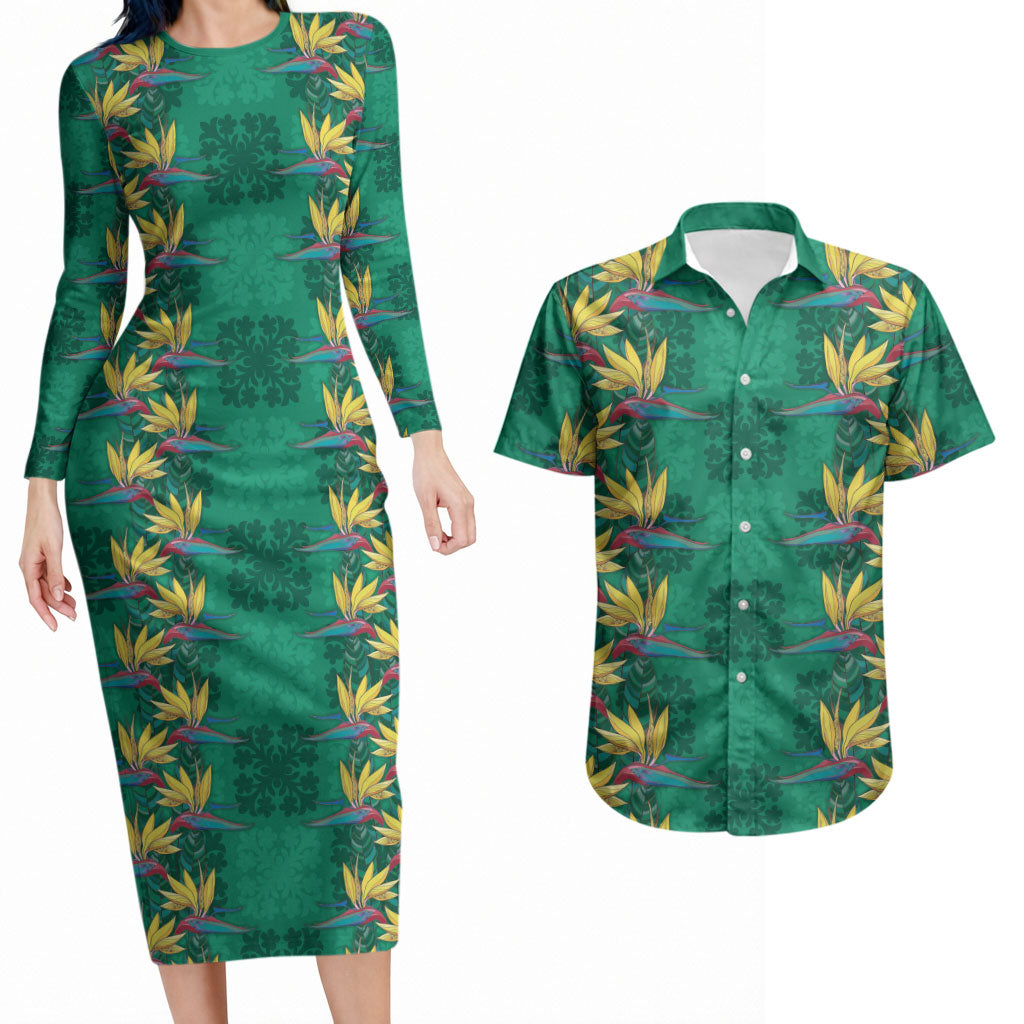 Hawaii Waikiki King Couples Matching Long Sleeve Bodycon Dress and Hawaiian Shirt Green Quilt With Pua Manu LT05 Green - Polynesian Pride