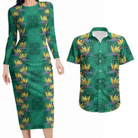 Hawaii Waikiki King Couples Matching Long Sleeve Bodycon Dress and Hawaiian Shirt Green Quilt With Pua Manu LT05 Green - Polynesian Pride