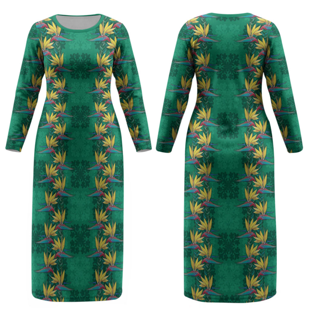 Hawaii Waikiki King Couples Matching Long Sleeve Bodycon Dress and Hawaiian Shirt Green Quilt With Pua Manu LT05 - Polynesian Pride