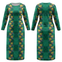 Hawaii Waikiki King Couples Matching Long Sleeve Bodycon Dress and Hawaiian Shirt Green Quilt With Pua Manu LT05 - Polynesian Pride