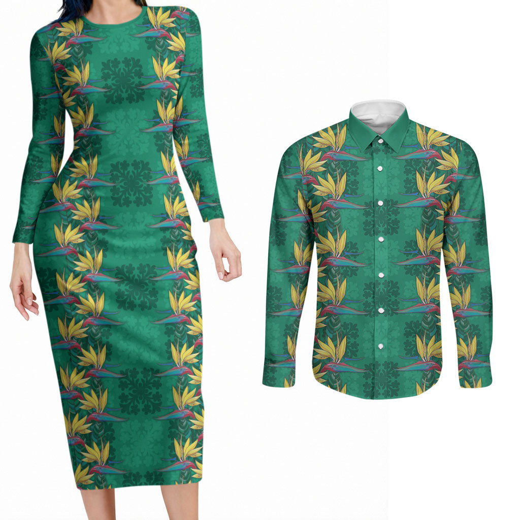 Hawaii Waikiki King Couples Matching Long Sleeve Bodycon Dress and Long Sleeve Button Shirt Green Quilt With Pua Manu LT05 Green - Polynesian Pride