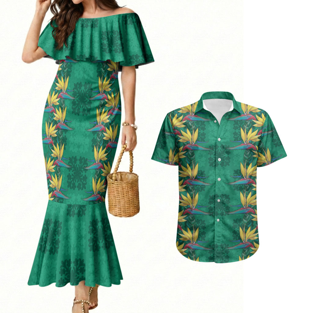 Hawaii Waikiki King Couples Matching Mermaid Dress and Hawaiian Shirt Green Quilt With Pua Manu LT05 Green - Polynesian Pride