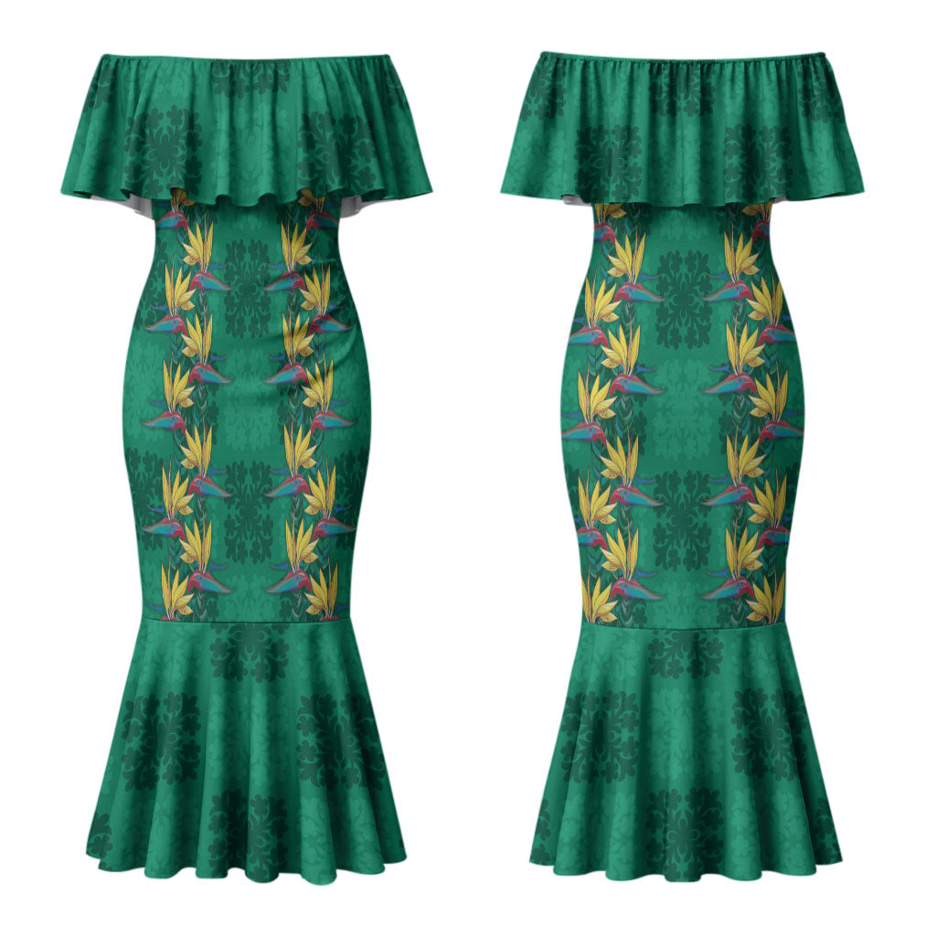 Hawaii Waikiki King Couples Matching Mermaid Dress and Hawaiian Shirt Green Quilt With Pua Manu LT05 - Polynesian Pride